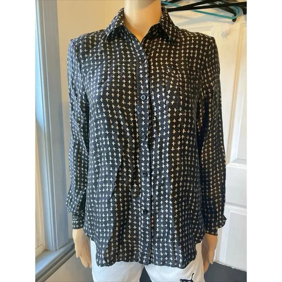 Rebecca Minkoff Womens Black Tan Abstract Silk Long Sleeve Button-Up Shirt Sz 2 - Picture 13 of 13